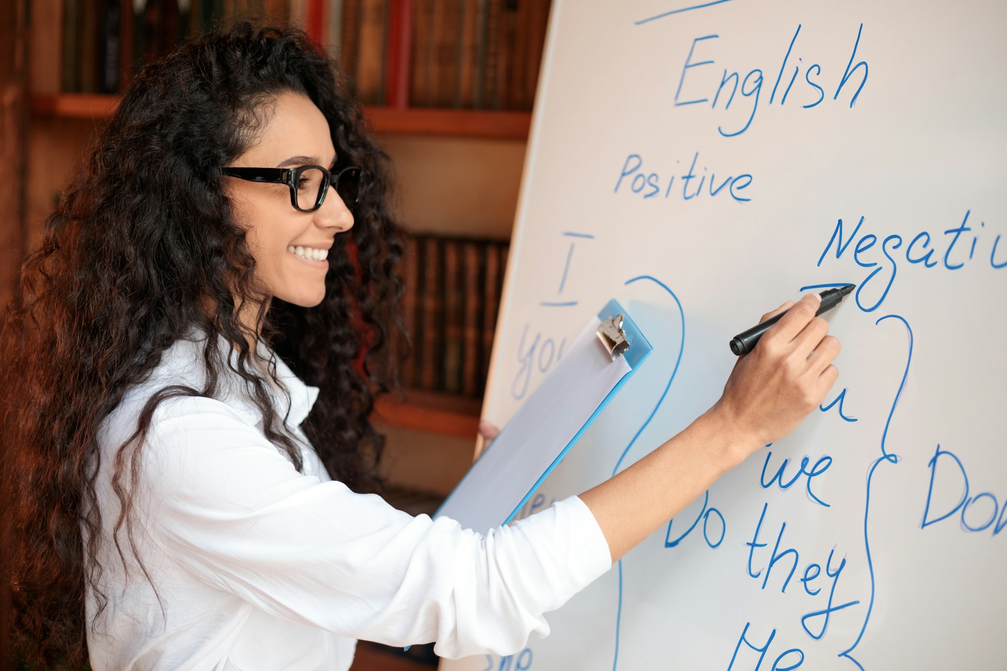 English teacher writing at whiteboard, explaining rules to the students